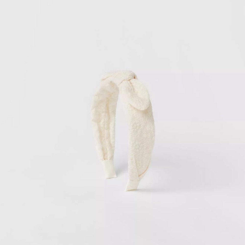 Zara Kids Swiss Embroidered Bow Headband Cream Textured Fabric